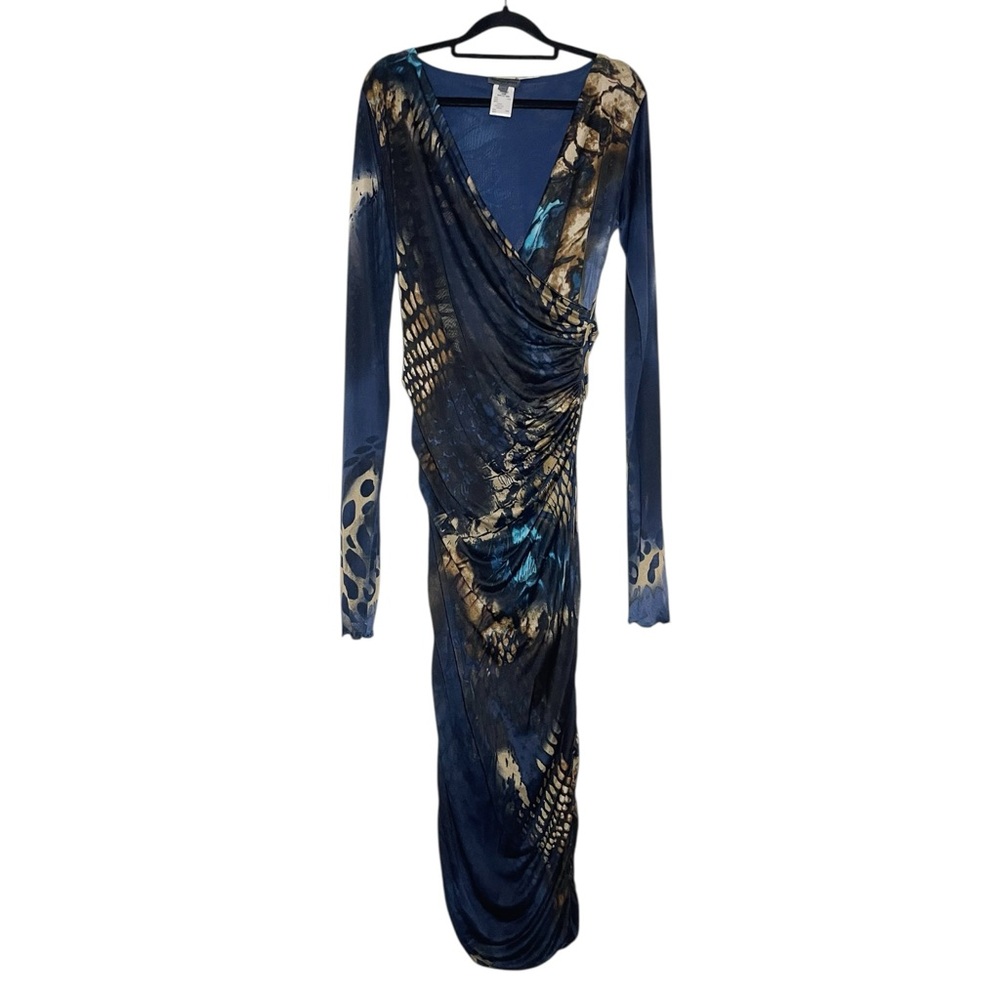 Renato Nucci Navy Blue Tan Silk Surplice Neck Long Sleeve Stretch Dress 42 US 10